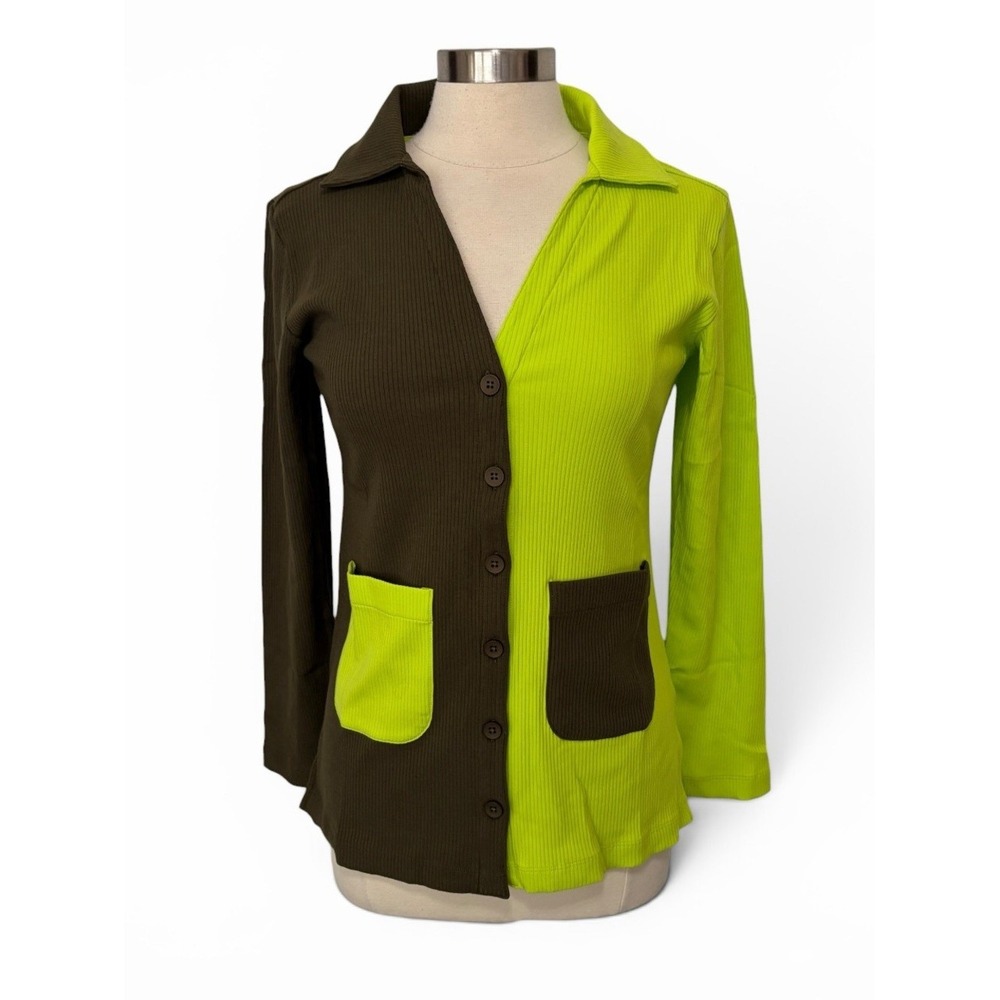 NWT TEREZ Ribbed Button-Up Cardigan in Colorblock Army & Acid Lime Green, Medium